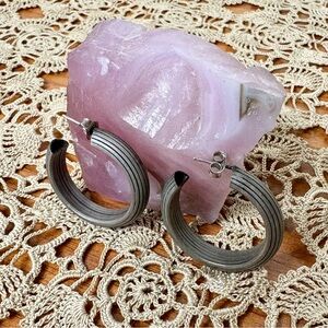 Vintage 90s Silver Tone Ribbed Medium Sized Hoop Earrings